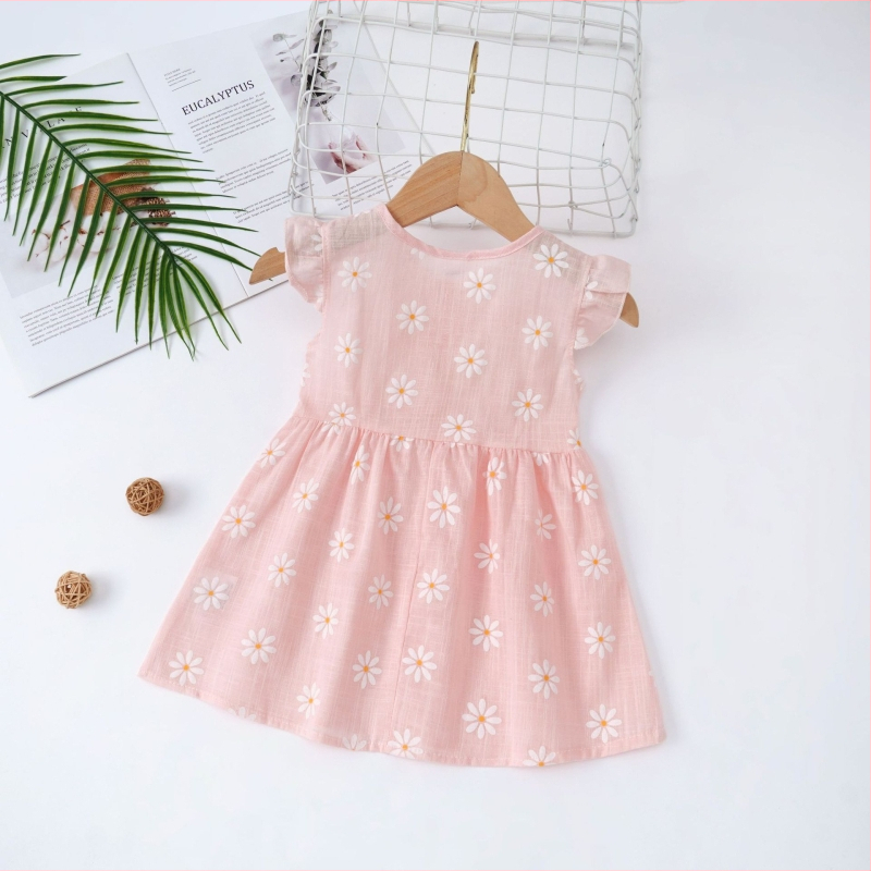 Rochie de vară pentru fetițe, mâneci scurte, imprimeu floral, stil prințesă, volane
