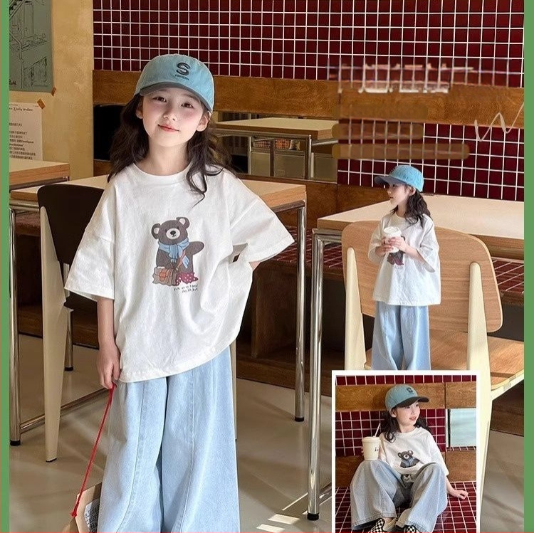 Tricou pentru fetițe din bumbac 100%, mânecă scurtă, imprimeu cu desene animate, respirabil, guler rotund, vară 2026