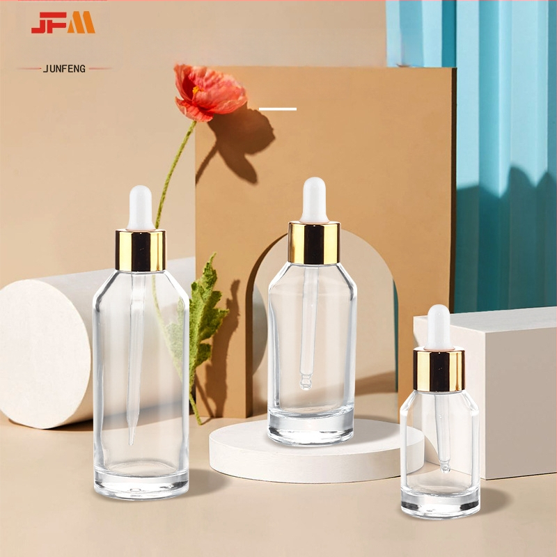 Sticluță din sticlă transparentă cu pipetă pentru esență cosmetică, design cu umăr înclinat, capacitate 30/50/100 ml