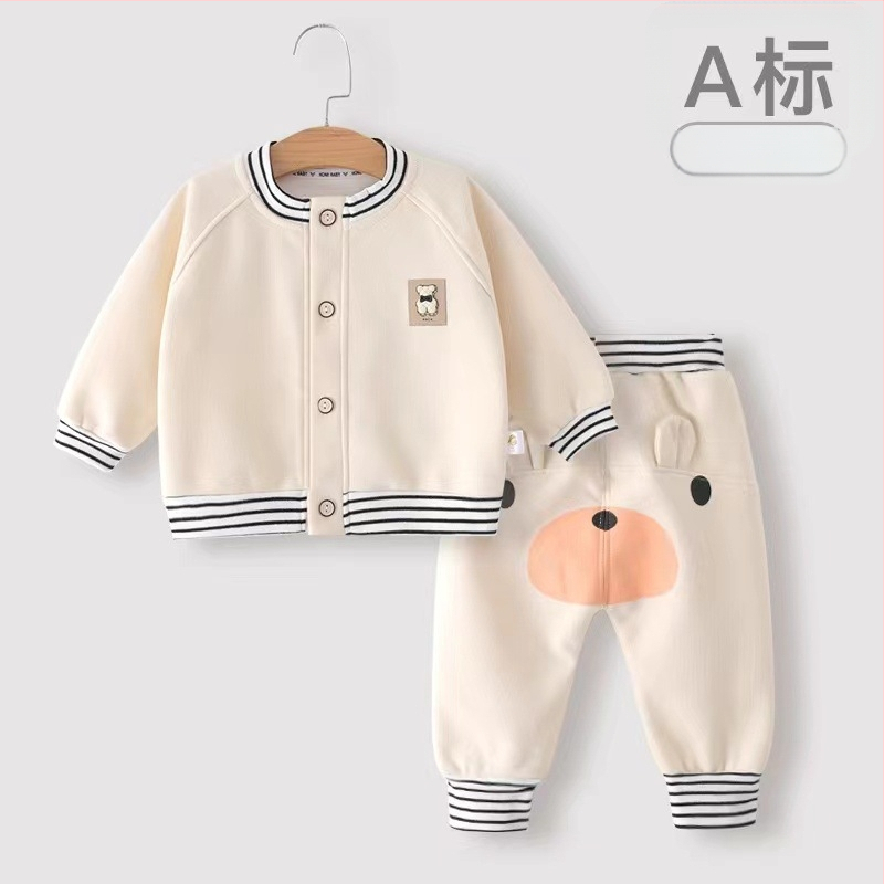 Set din două piese pentru bebeluși, stil coreean, jachetă și pantaloni cu imprimeu desen animat în dungi, talie înaltă, mâneci lungi, amestec de bumbac, pentru 1–3 ani, primăvară-toamnă