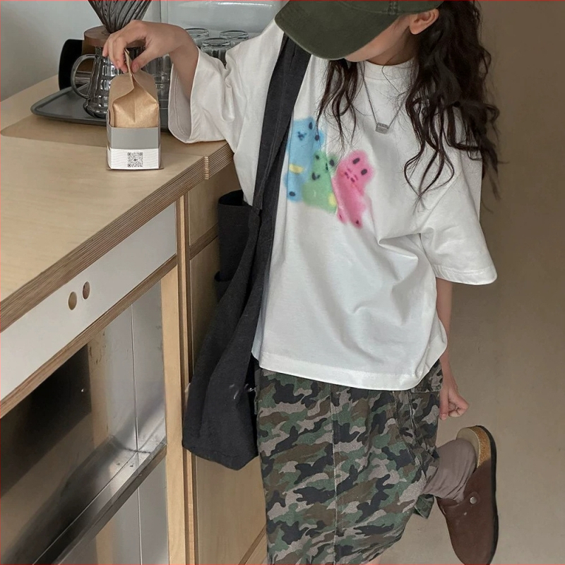 Tricou alb din bumbac pentru copii, mâneci scurte, vară