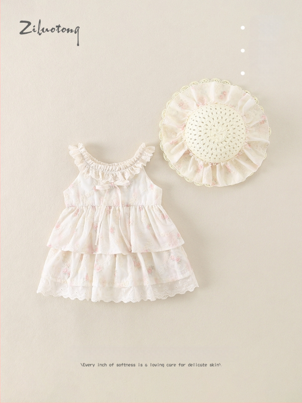 Rochie mov pentru fetițe mici, vară respirabilă, stil prințesă, bretele, imprimeu floral