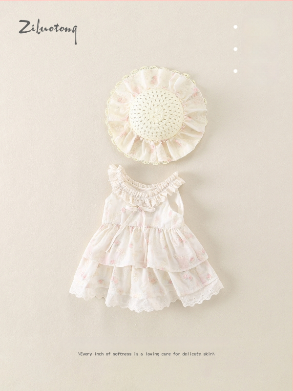 Rochie mov pentru fetițe mici, vară respirabilă, stil prințesă, bretele, imprimeu floral