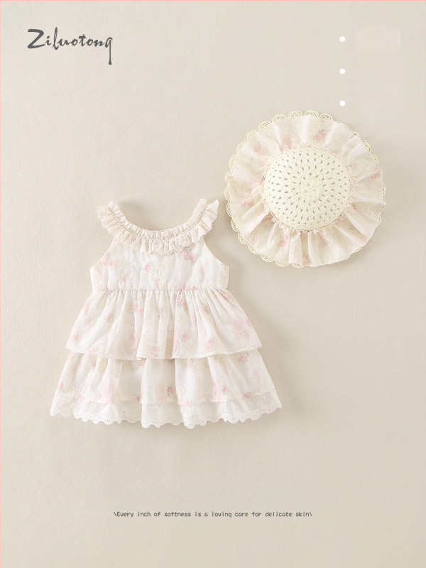 Rochie mov pentru fetițe mici, vară respirabilă, stil prințesă, bretele, imprimeu floral