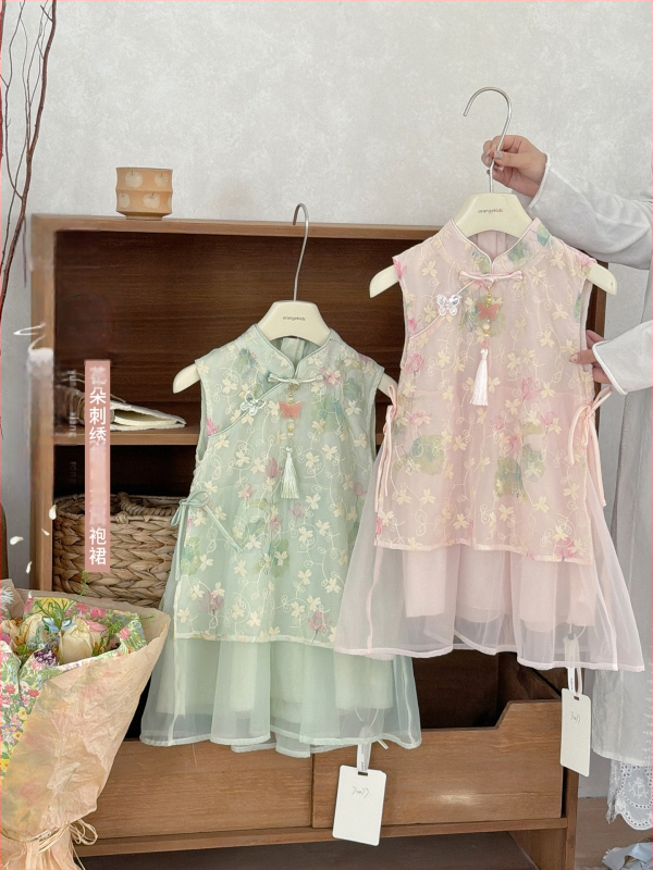 Xie Jinmao 2026 Vară - Rochie pentru fete în stil chinezesc, cu broderie florală, căptușeală 100% bumbac și patchwork din plasă