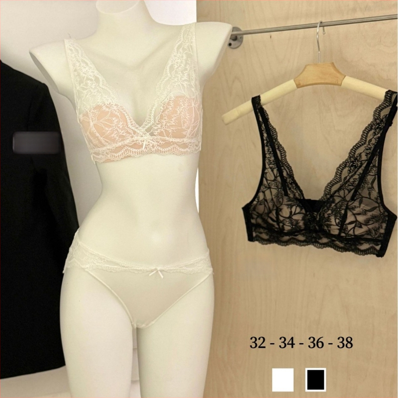 Set sutien dantelat în stil franțuzesc, decolteu în V profund, evidențiază bustul mic, spate elegant, fără sârmă