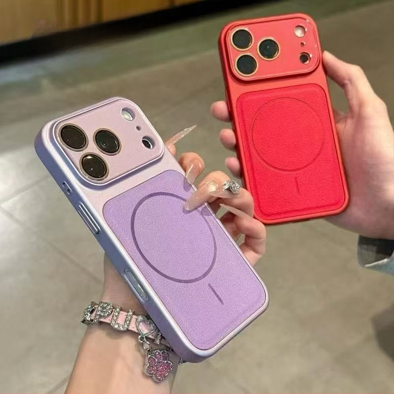 Carcasă cu textură de piele, magnetică, cu fereastră mare de vizualizare pentru iPhone 15/16/17 Pro Max
