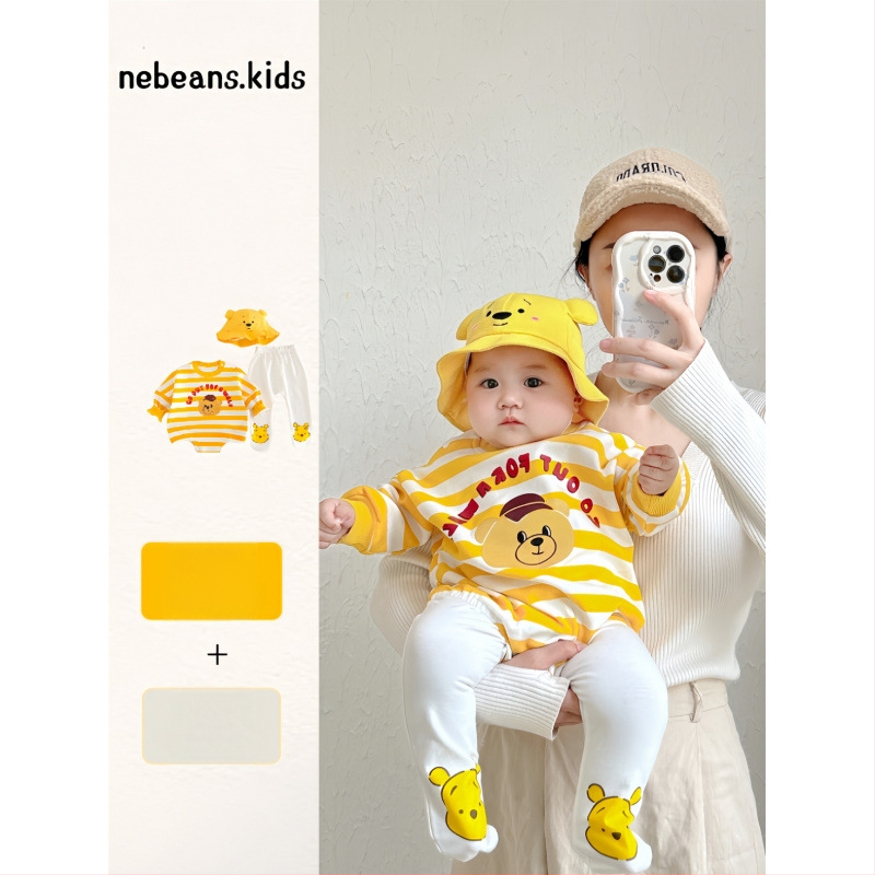Rompers din bumbac pentru nou-născuți, cu dungi galbene și motiv ursuleț, set unisex de haine pentru bebeluși