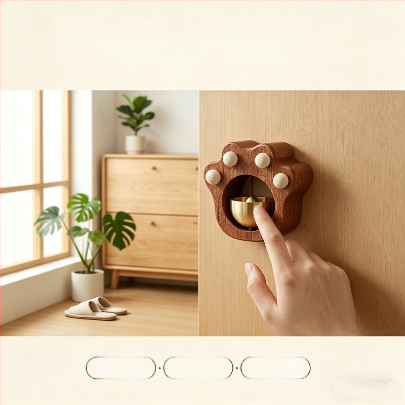 Zvon de ușă magnetic în formă de labă de pisică dopamină, din lemn de nuc cu clopot de cupru – decor pentru frigider