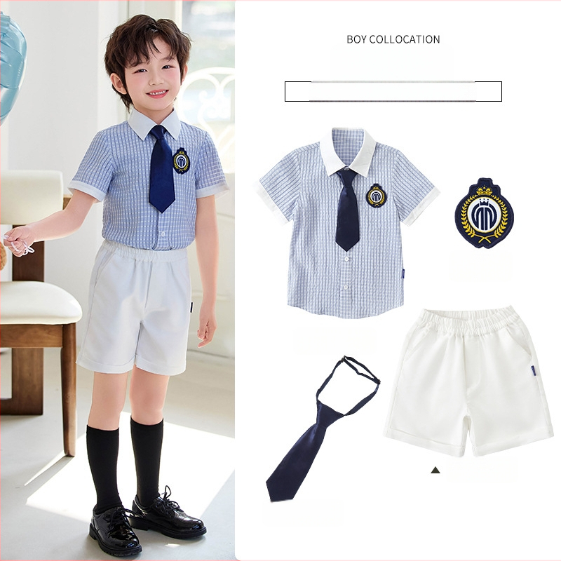 Uniformă școlară britanică de vară pentru învățământul primar și grădiniță, set din două piese cu mâneci scurte și pantaloni, unisex, pentru reprezentații și activități școlare