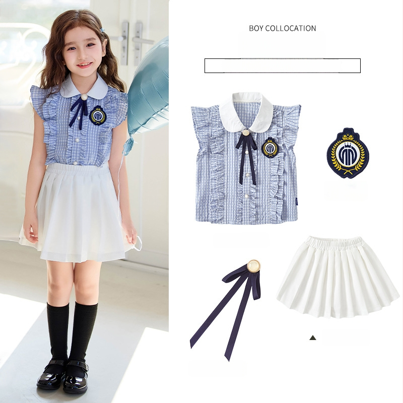 Uniformă școlară britanică de vară pentru învățământul primar și grădiniță, set din două piese cu mâneci scurte și pantaloni, unisex, pentru reprezentații și activități școlare