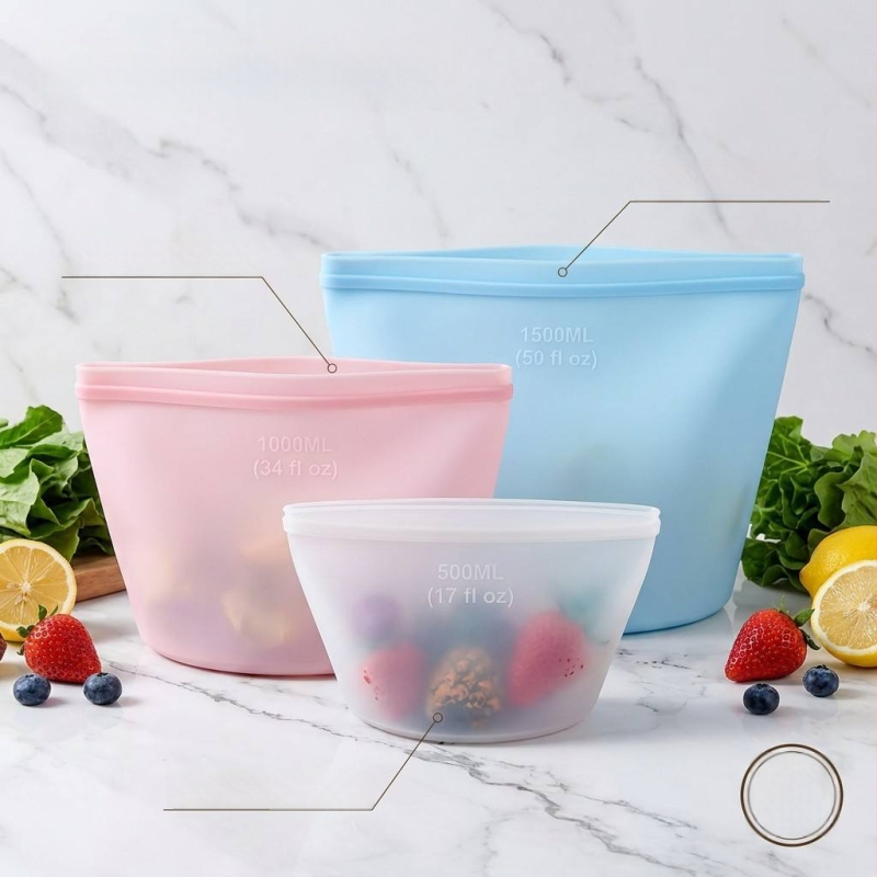 Sac de conservare din silicon alimentar, multifuncțional, pentru bucătărie și frigider, transparent