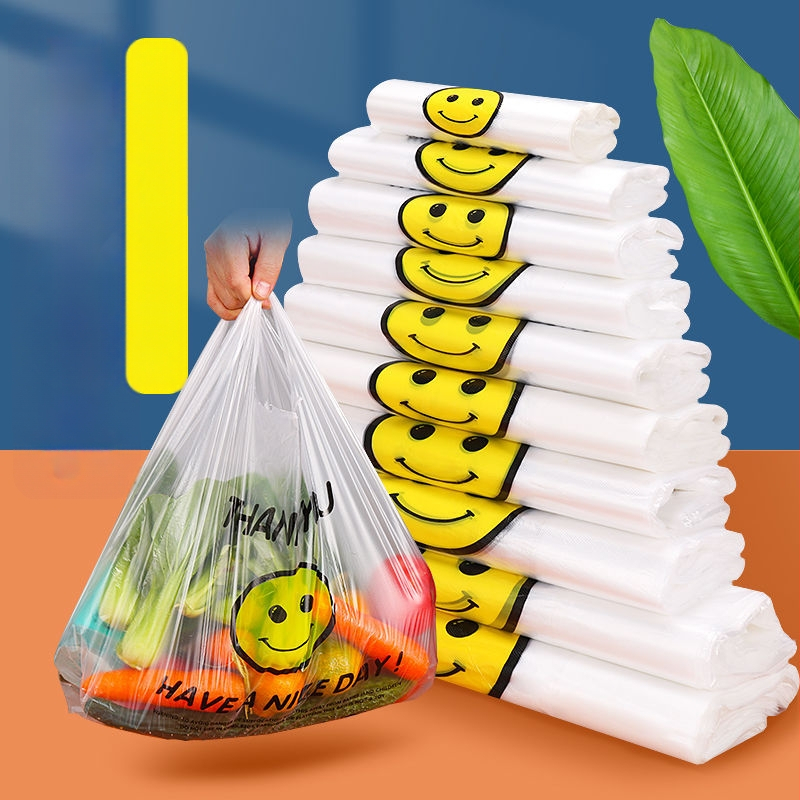 Geantă transparentă din plastic, cu design zâmbet, stil vestă, pentru ambalarea alimentelor și ambalaj general