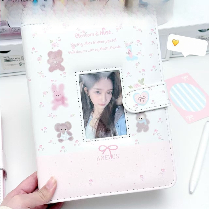 Album foto A5 cu fereastră pentru carduri și Polaroid, design ursuleț floral, husă PU