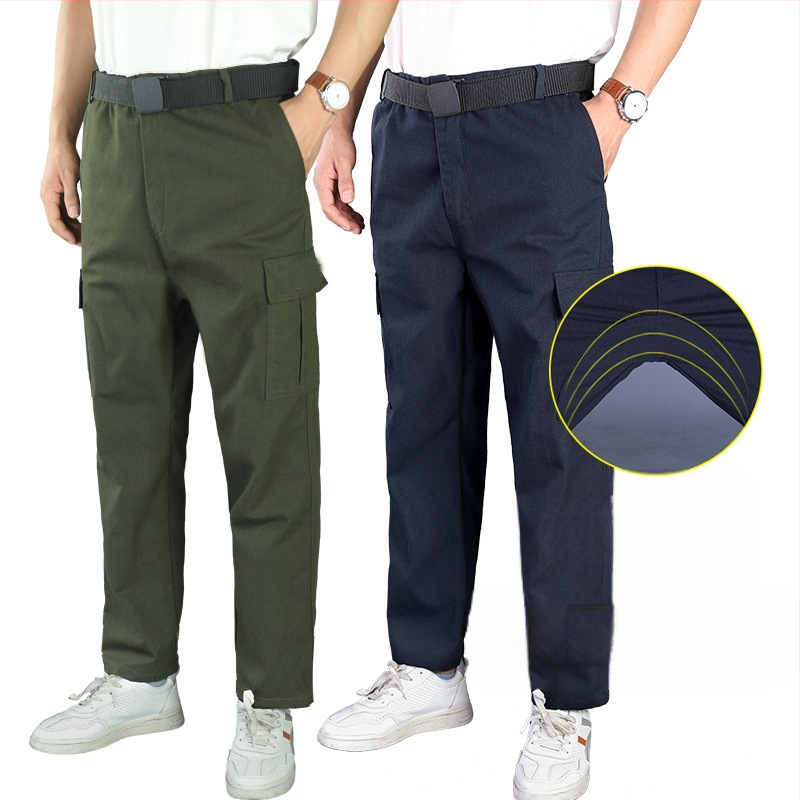 Pantaloni de lucru pentru bărbați din bumbac, cu inserție suplimentară, croi drept, lejer, durabili, pentru sudură, protecție împotriva arsurilor