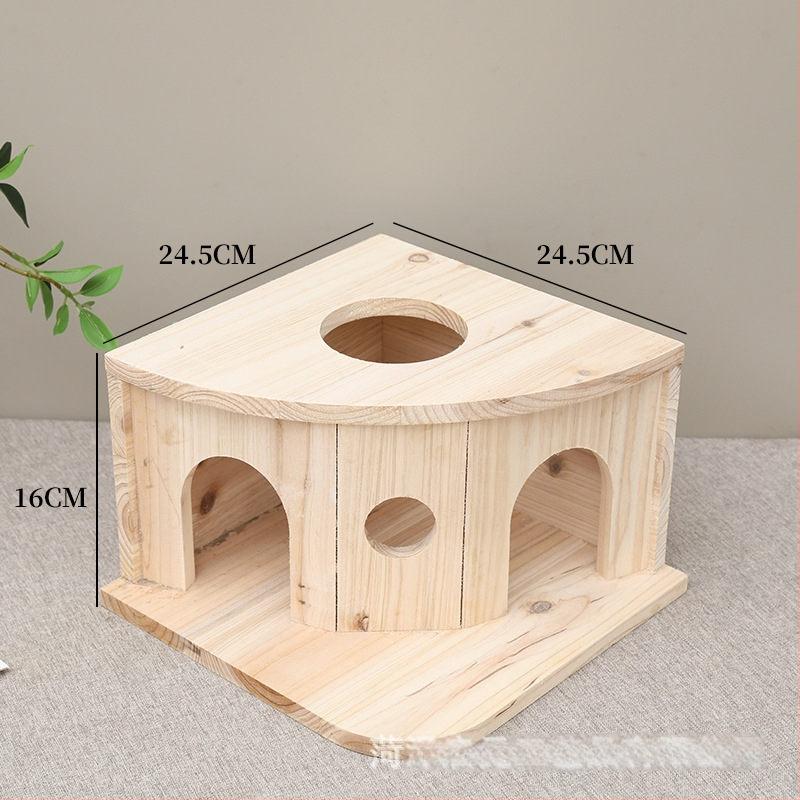 Cuib din lemn pentru animale de dimensiuni mici, cu intrări duble, multiple deschideri și formă în evantai; potrivit pentru hamsteri și alte animale mici.