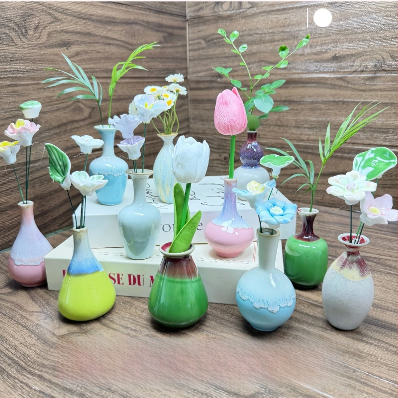 Vază ceramică mică, lucrată manual, pentru birou, vază decorativă pentru flori, artă ceramică cu glazură la cuptor