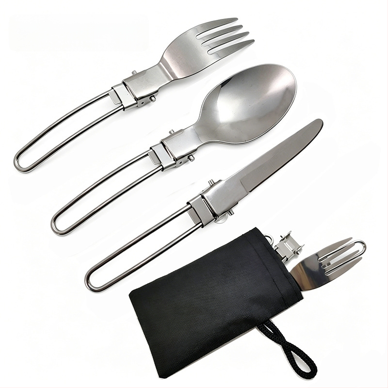 Tacâmuri de camping din oțel inoxidabil, set de 3 piese cu husă din nylon, pliabile, cuțit, furculiță și lingură