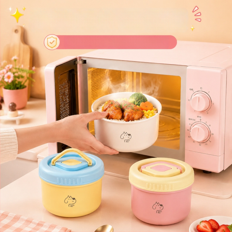 Cutie prânz ceramică rotundă, pentru angajați de birou și studenți, capacitate 1–2 L, strat unic, nefiind potrivită pentru microunde, portabilă, stil modern minimalist, model desen animat