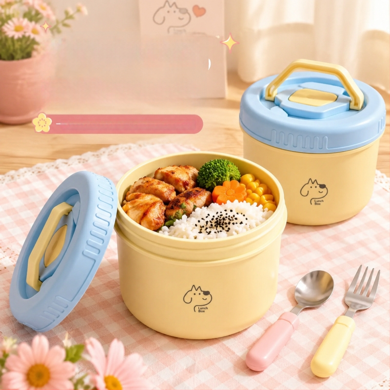 Cutie prânz ceramică rotundă, pentru angajați de birou și studenți, capacitate 1–2 L, strat unic, nefiind potrivită pentru microunde, portabilă, stil modern minimalist, model desen animat