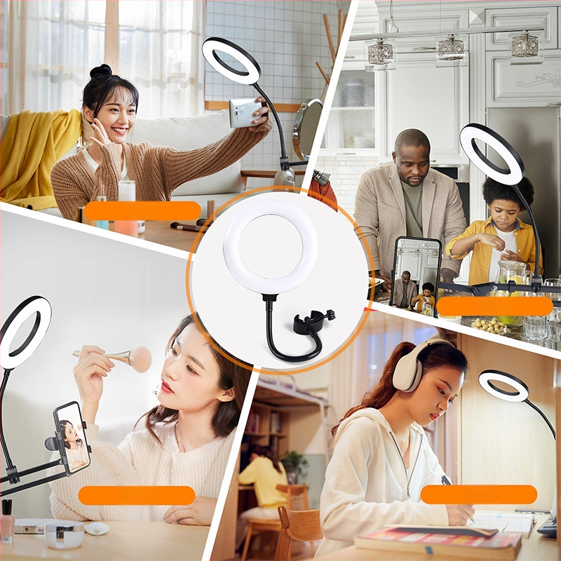 Suport universal pentru streaming cu iluminator și suport pentru telefon poziționat deasupra, pentru fotografie și videoclipuri scurte pe birou.