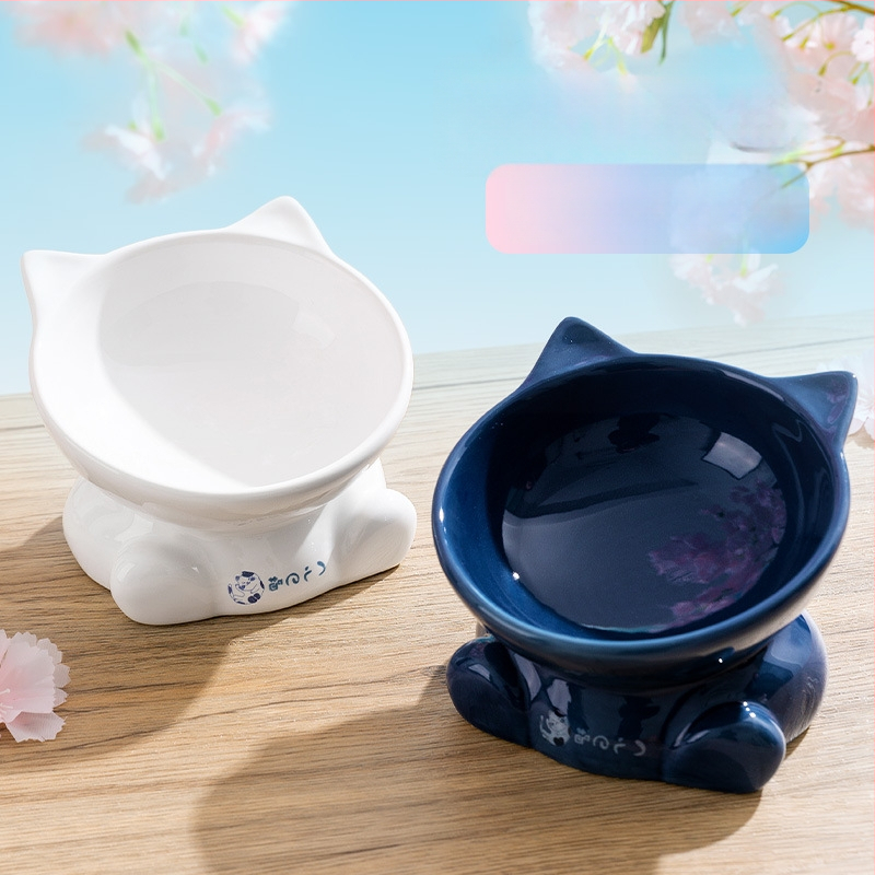 Vas ceramic în stil japonez, cap de pisică, vas pentru mâncare de pisică cu margine înclinată, stabil și greu de răsturnat, potrivit ca vas de apă sau mâncare pentru animale de companie.
