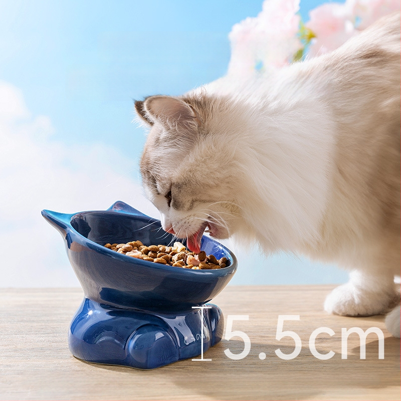 Vas ceramic în stil japonez, cap de pisică, vas pentru mâncare de pisică cu margine înclinată, stabil și greu de răsturnat, potrivit ca vas de apă sau mâncare pentru animale de companie.