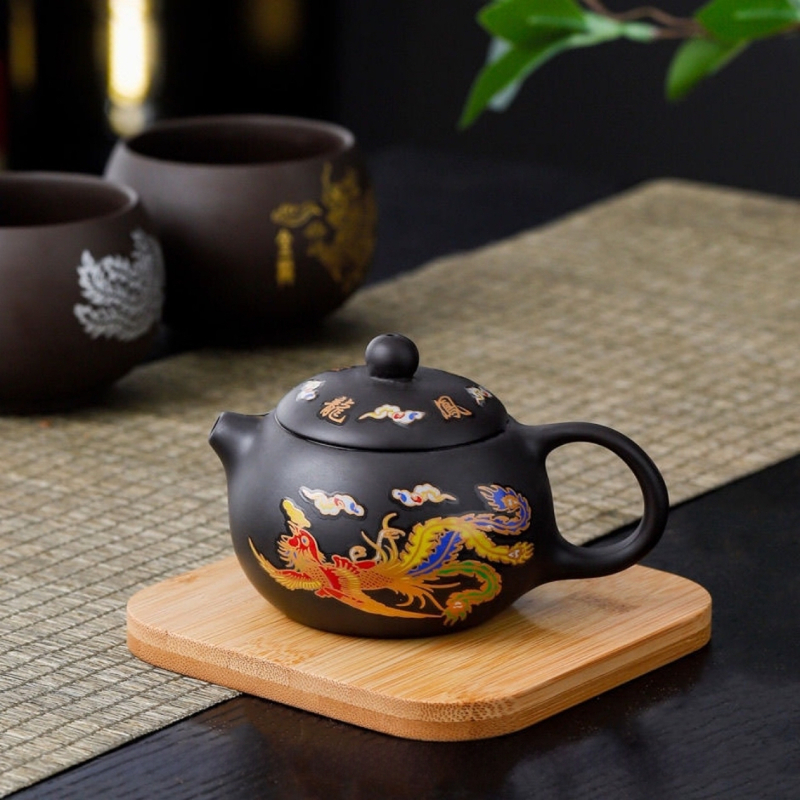 Ceainic Xishi din lut purpuriu cu schimbare de culoare la încălzire, complet lucrat manual, pentru uz casnic, cadou, set Gongfu de ceai, design Dragon și Fenix
