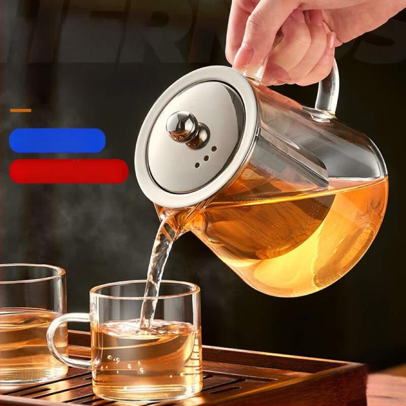 Ceainic de sticlă rezistent la spargere, gros, cu filtru din oțel inoxidabil, pentru ceai cu flori