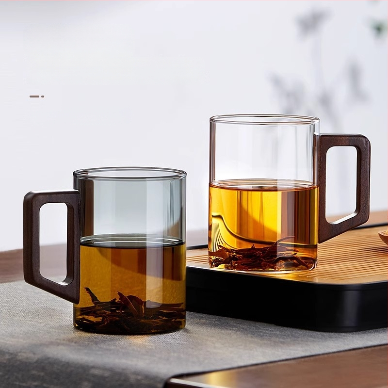 CEAȘĂ de ceai din sticlă borosilicat, stil chinezesc nou, capac din lemn de nuc și mâner din lemn, rezistentă la temperaturi înalte, ceai verde – set de 3 piese