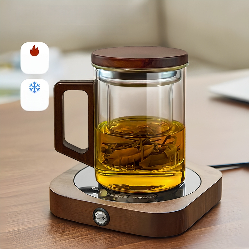 CEAȘĂ de ceai din sticlă borosilicat, stil chinezesc nou, capac din lemn de nuc și mâner din lemn, rezistentă la temperaturi înalte, ceai verde – set de 3 piese