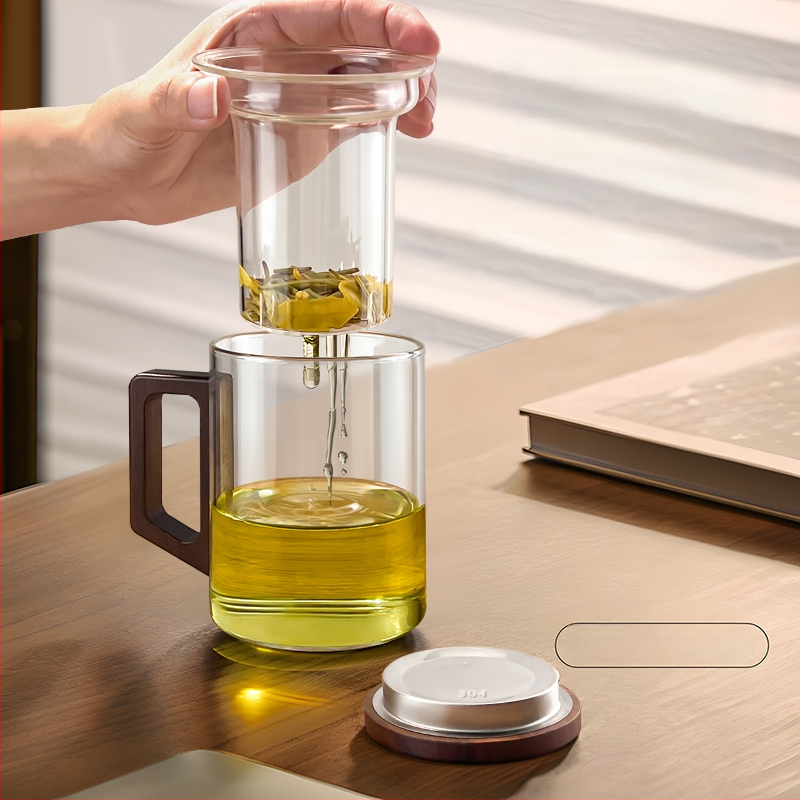 CEAȘĂ de ceai din sticlă borosilicat, stil chinezesc nou, capac din lemn de nuc și mâner din lemn, rezistentă la temperaturi înalte, ceai verde – set de 3 piese