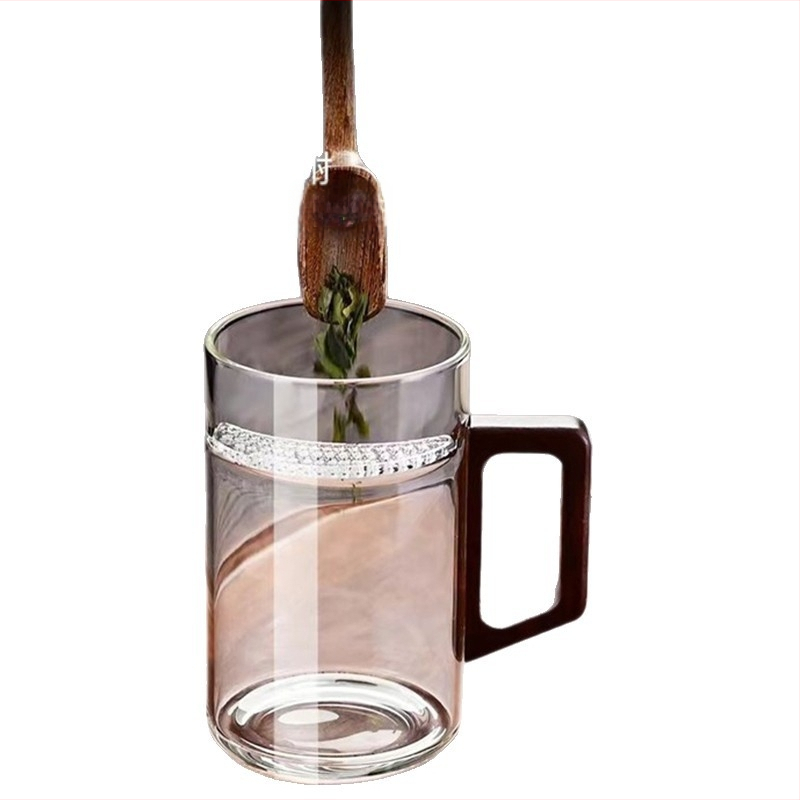 CEAȘĂ de ceai din sticlă borosilicat, stil chinezesc nou, capac din lemn de nuc și mâner din lemn, rezistentă la temperaturi înalte, ceai verde – set de 3 piese