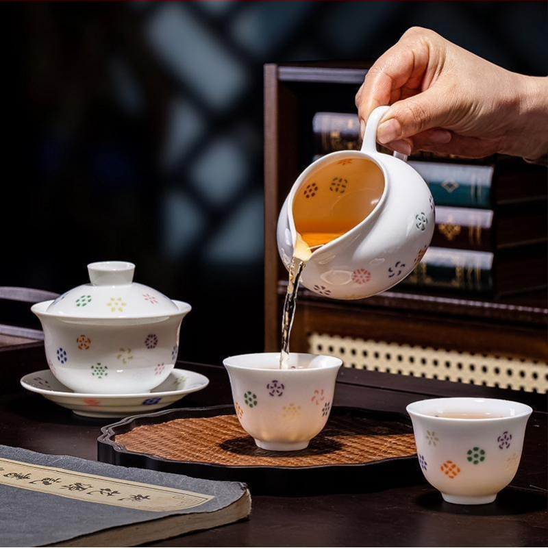 Set gaiwan din ceramic cu model floral colorat, pentru 6 persoane, uz casnic, cutie cadou, stil modern minimalist