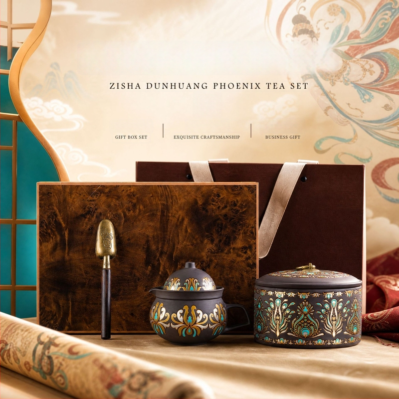 Set ceai Dunhuang Phoenix Feather din lut mov, în cutie cadou
