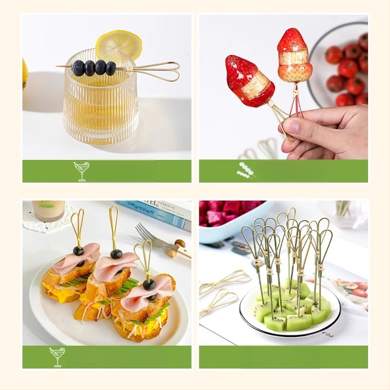 Set bețișoare din bambus pentru desert: furculițe pentru fructe, bețișoare pentru fructe confiate, bețișoare DIY, bețișoare pentru cocktail, bețișoare cu inel