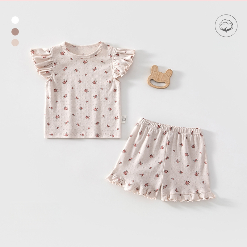 Set de pijama de vară pentru bebeluți, din 100% bumbac, imprimeu floral, mâneci flutter, două piese