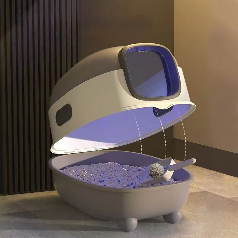 Cutie de nisip pentru pisici, mare, închisă ermetic, cu deodorizare, sterilizare inteligentă și protecție împotriva stropirilor