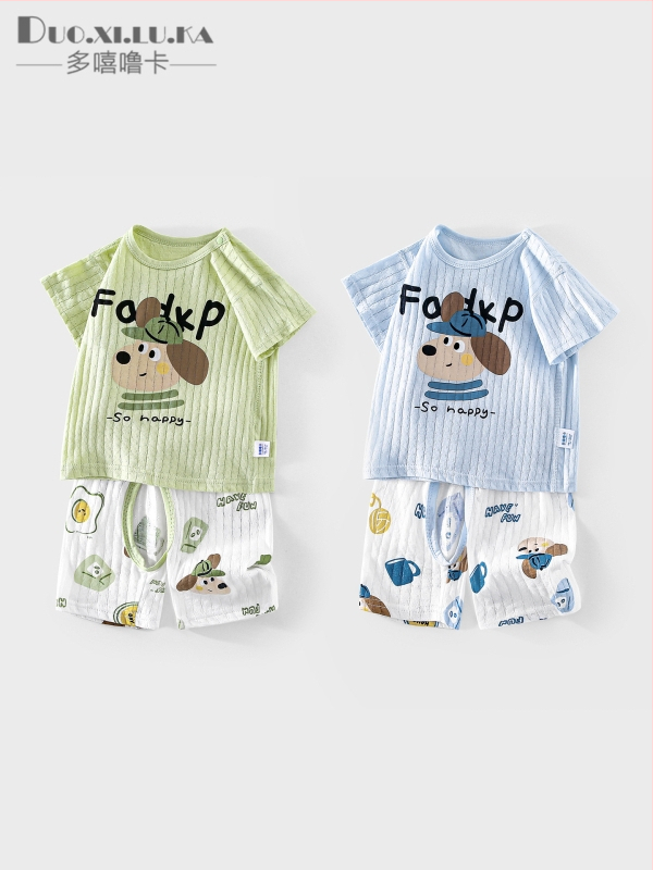 Set de vară pentru copii din bumbac 100%, ușor și răcoros pentru acasă, pentru băieți și fete, tricou cu mânecă scurtă imprimat cu desene animate și pantaloni scurți, două piese