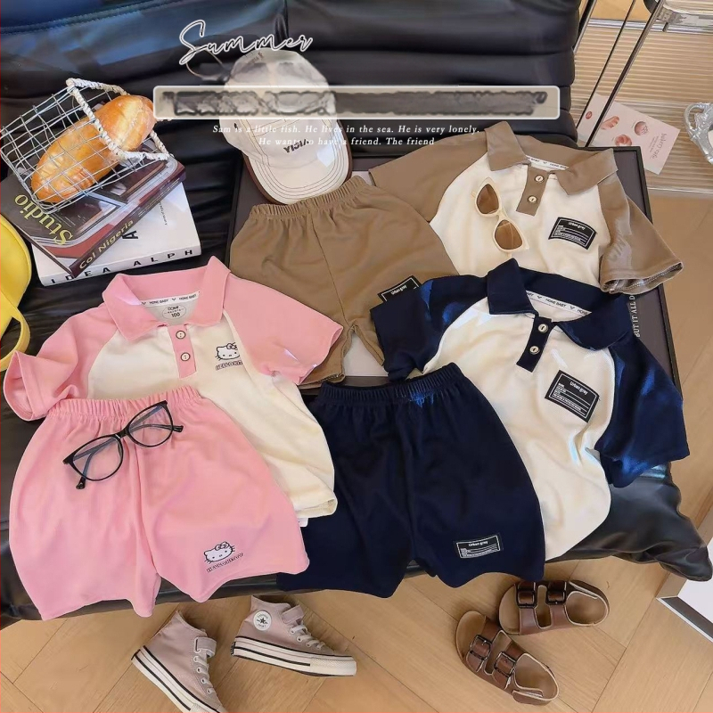 Set polo pentru copii, două piese: tricou polo cu guler și șorturi, imprimat desen animat, vară