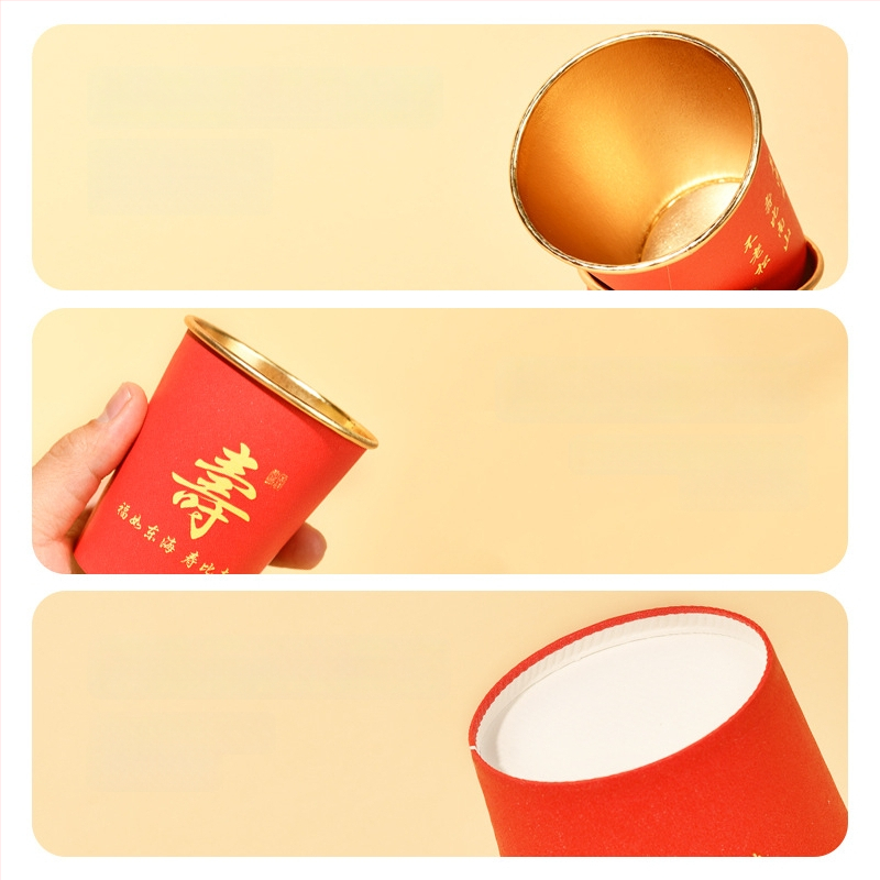 Pahar din hârtie cu foiță de aur și simbolul longevității, 250 ml, îngroșat și rigid, potrivit pentru aniversări ale persoanelor în vârstă, banchet acasă, pahar festiv roșu