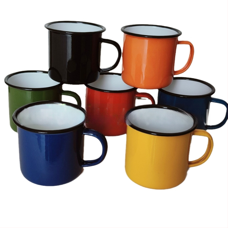 Căniță din email cu margine curbată, imprimare logo disponibilă, ceașcă nostalgică, interior alb, exterior colorat, recipient din fier pentru ceai, cadou festiv