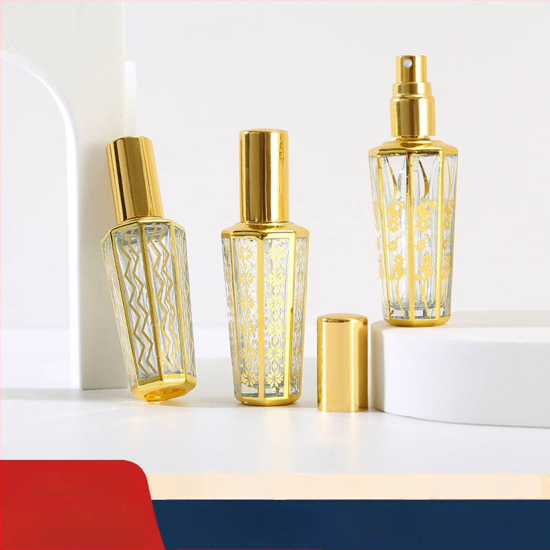 Recipient parfum din sticlă placat cu aur, pulverizator 15 ml