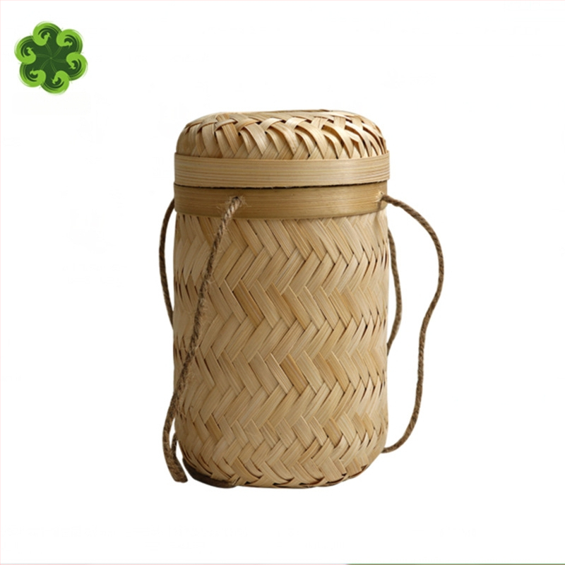 Cutie rotundă împletită din bambus cu capac, pentru ceai, mooncakes și rulouri de orez