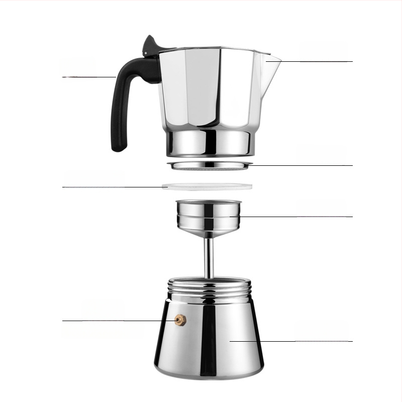 Cafetieră moka octogonală din oțel inoxidabil, clasică, pentru uz casnic, stil italian, cafea espresso preparată manual