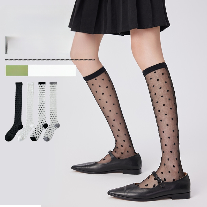 Șosete până la gambe pentru femei, vară, respirabile, stil colegiu, model cu buline, culoare solidă, din bumbac