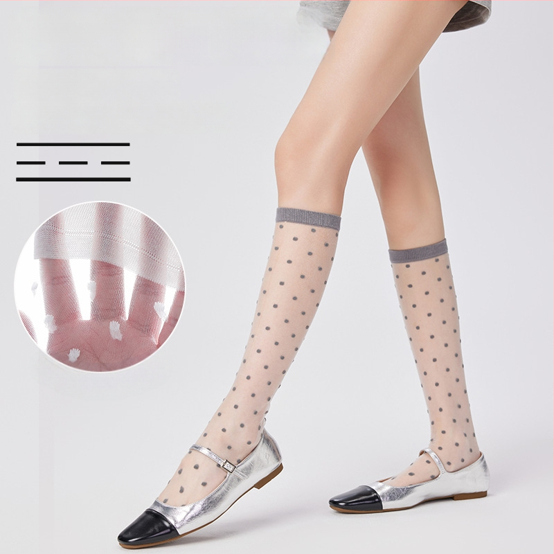 Șosete până la gambe pentru femei, vară, respirabile, stil colegiu, model cu buline, culoare solidă, din bumbac