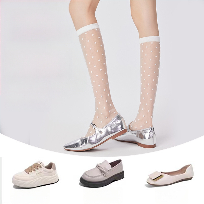 Șosete până la gambe pentru femei, vară, respirabile, stil colegiu, model cu buline, culoare solidă, din bumbac