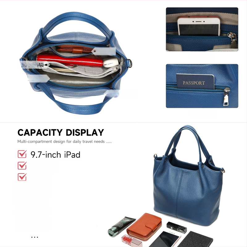 Geantă Tote din piele naturală, cu capacitate mare, buzunare multiple, curea de umăr și crossbody
