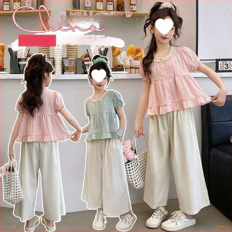 Set de vară pentru fete, două piese, stil coreean, material ușor, top cu mânecă scurtă și pantaloni largi